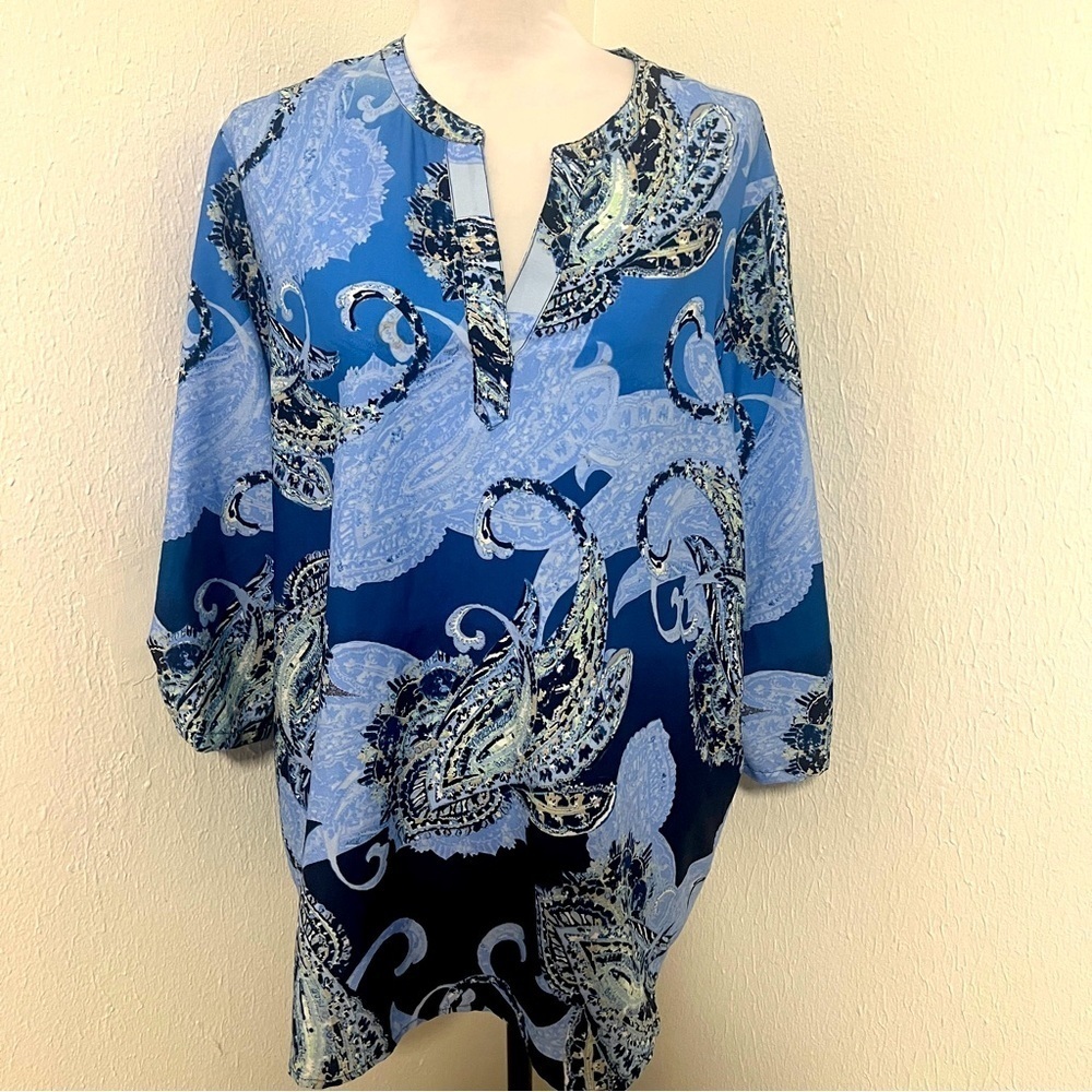 Chico's Women’s Size XL Large Paisley Tunic Rolled Cuffs Blouse Boho V-Neck EUC